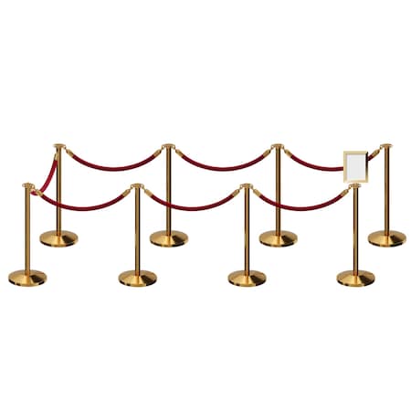 Montour Line Stanchion Post & Rope Kit Pol.Brass, 8FlatTop 7Maroon Rope 8.5x11V Sign C-Kit-7-PB-FL-1-Tapped-1-8511-V-7-PVR-MN-PB